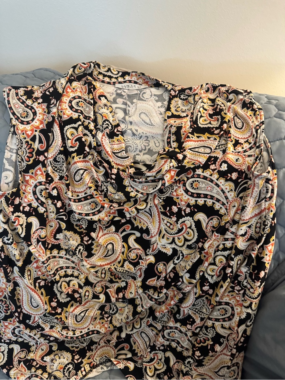 Kasper Black Paisley Cowl Neck Sleeveless Tunic with Cream & Gold Accents
